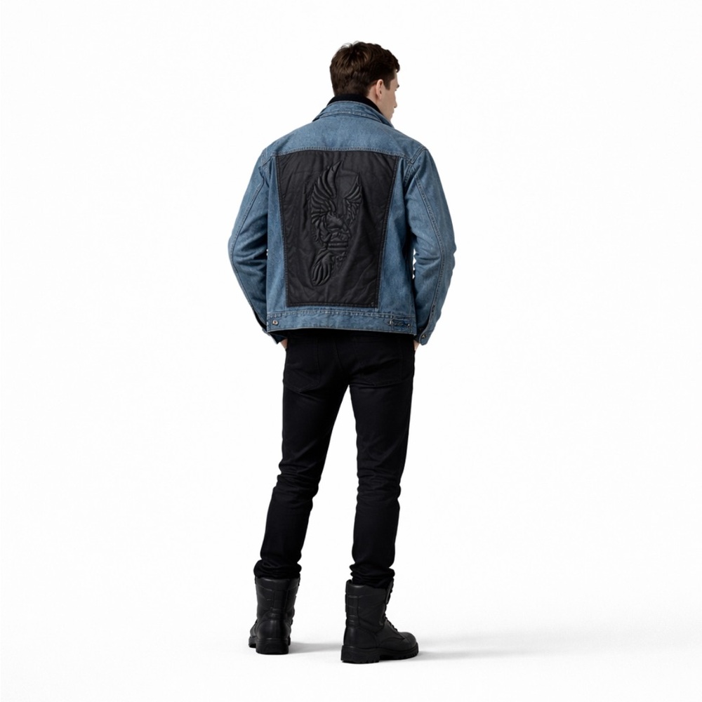 Harley Davidson LEATHER eagle embossed Blue Denim Jacket men’s Large LG